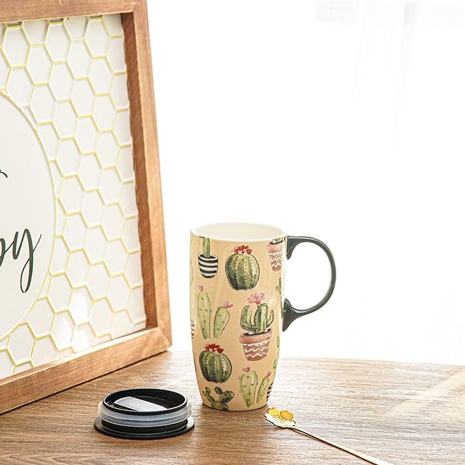 Topadorn Ceramic Mugs Porcelain Latte Tea Cup Coffee Mug with Lid and Handle Coffee Cup,17oz. Cactus