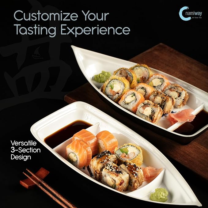 Sushi Boat Serving Tray - Set of 2 Elegant Serving Dishes - Nearly Unbreakable Melamine Plastic Plate - Top Dishwasher Safe
