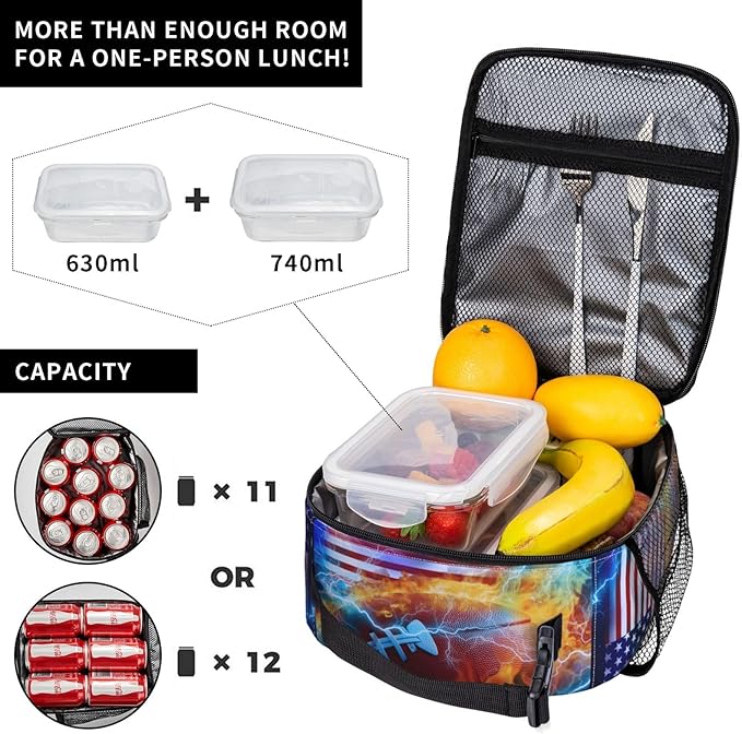 Softball Lunch Box for Kids Sports Lunch Bag for Girls Boys American Flag Insulated Lunch Bags Usa Flags Cooler Tote Bags Sport Ball Reusable Meal Handbags for School Picnic Work Office Hiking