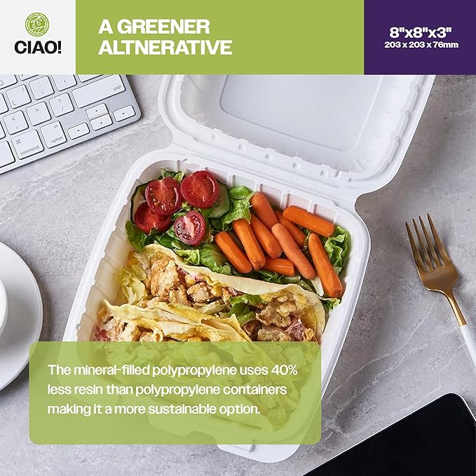 CIAO! 8"x8"X3" MFPP White Hinged Container With Lid 1 Compartment (Case of 200)