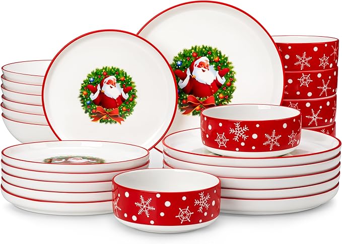 MALACASA Plates and Bowls Sets, 24 Pieces Christmas Porcelain Dinnerware Set for 8, Ceramic Dishware Dishes White Kitchen Dinner Dining Ware Set, Microwave and Dishwasher Safe, Series LUNA-Santa Claus