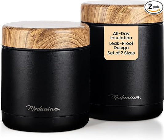 Stainless Steel Vacuum Insulated Food jars set of 2 | wide mouth |Insulated Lunch Container for Hot and Cold Food| Soup |Thermal Lunch Containers | Hot Lunch Box | 16 oz +12 oz| Black | Adults, teens