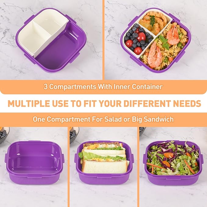 Bento Lunch Box for Kids & Adults, Purple Kids Lunch Box with Removable Compartments, Water Cup & Utensils, BPA-Free, Leak-Proof, Microwave/Dishwasher Safe