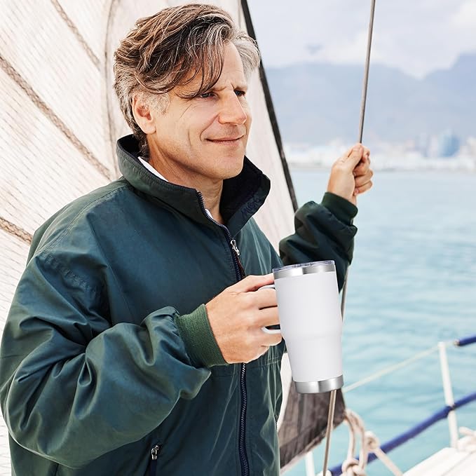 20 oz Stainless Steel Tumbler with Handle Bulk Metal Insulated Tumblers Travel Coffee Mug with Handle Double Wall Tumbler Cup with Lid and Straw, White 12 Pack