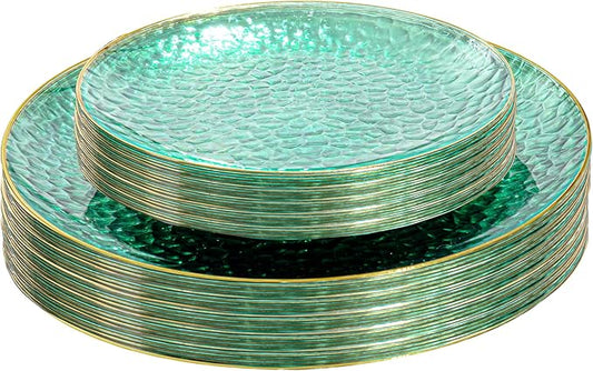 SUT 36Pcs Green Plastic Plates, Hammered Plates Disposable Heavy Duty, Green Disposable Plates With Gold Rim, Fancy Plastic plates Include 18 Dinner and 18 Dessert plates for Wedding