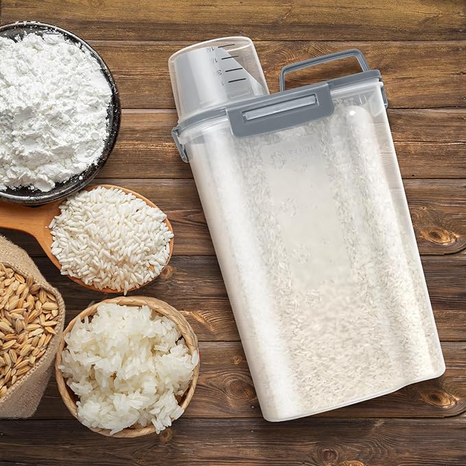 TBMax Rice Container 2 Pack 5 Lbs, Plastic Kitchen Pantry Food Storage Container with Easy pouring Spout and Cup, Small Pet Dog Cat Food Dispenser -Dark Grey