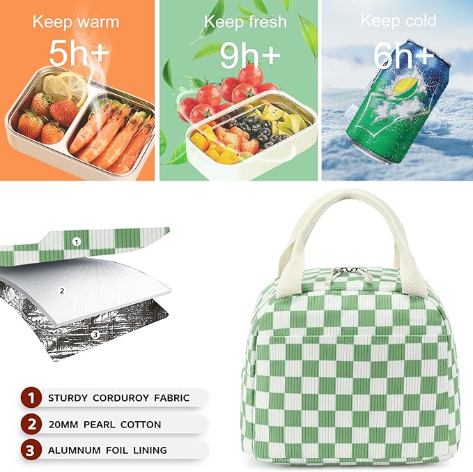 Bluboon Lunch Bag for Women Men Cute Corduroy Lunch Tote Bags Reusable Insulated Lunch Box Large Capacity Reusable Insulated Cooler for Work Picnic or Travel