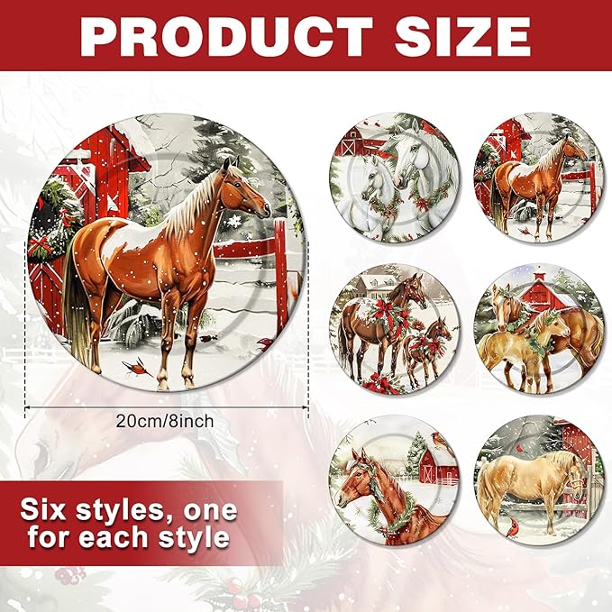 6 Pcs Christmas Reusable Melamine Dinner Plates 8 Inch Christmas Theme Round Plates Xmas Dishes Dinnerware Set for Salad Pasta Xmas Birthday Party Supplies Gifts (Horse)