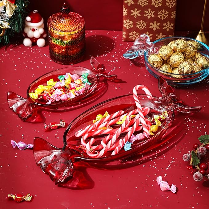Christmas Dish, Red Set of 2 Glass Candy Platter Serving Dessert Plates, Christmas Dinnerware Tray Decorative Plates for Xmas Holiday Party Favor, Long & Round