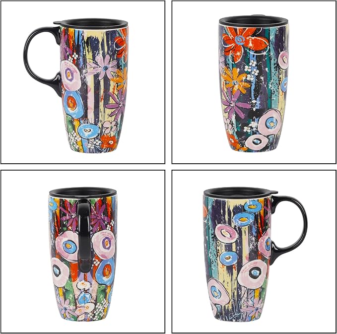 Topadorn Ceramic Travel Mugs Porcelain Latte Tea Cup Coffee Mug with Lid and Handle,17oz. Abstract Garden
