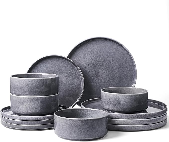 Famiware Annecy Plates and Bowls Sets, 12 Pieces Dinnerware Sets, Microwave and Dishwasher Safe Dishes Set for 4, Chip and Scratch Resistant, Misty-Blue