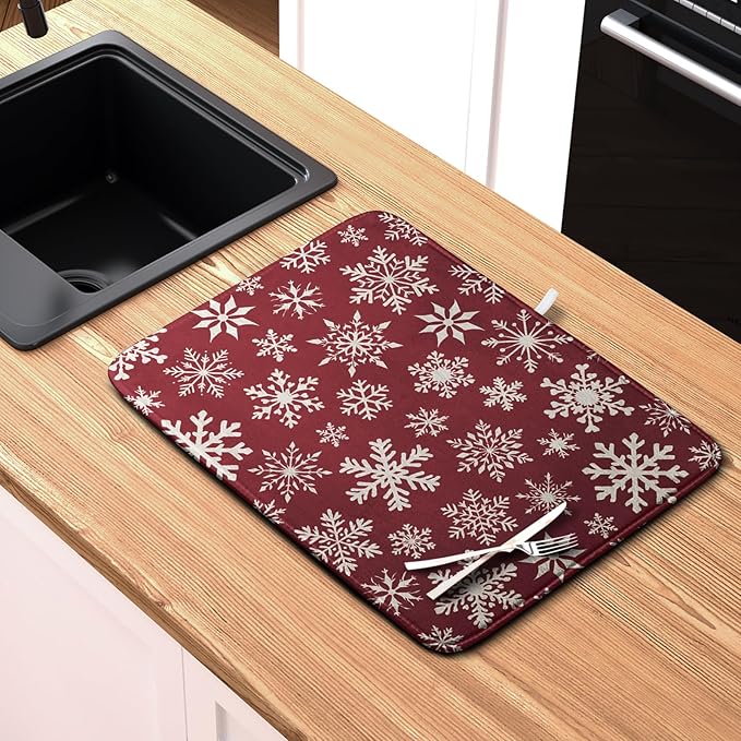 Christmas Snowflakes Dish Drying Mat for Kitchen Counter 18x24 Inch Red White Winter Xmas Pattern Dish Drying Pad for Dishes Microfiber Absorbent Dish Drainer Rack Mats for Countertop