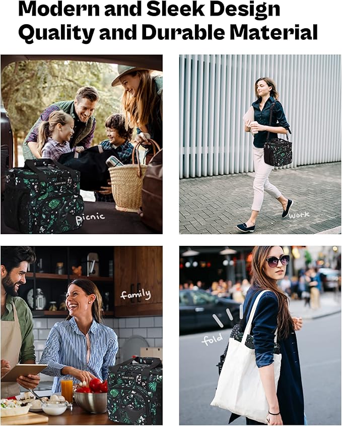 SUNNY BIRD 12L Large Insulated Lunch Bag, Leakproof and Foldable Lunch Cooler Box for Women Adult and Men, Fits 18 Cans (Floral & Foliage)