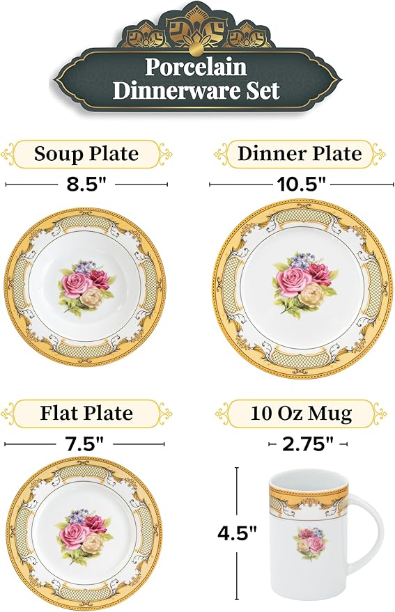 Porcelain Dinnerware Sets for 4 - White and Gold 16 Piece Set Vintage Inspired Roses Kitchen Dining Plate, Salad Plates, Soup Plate-Bowl Mugs for Every Day Dishes or Formal Occasions