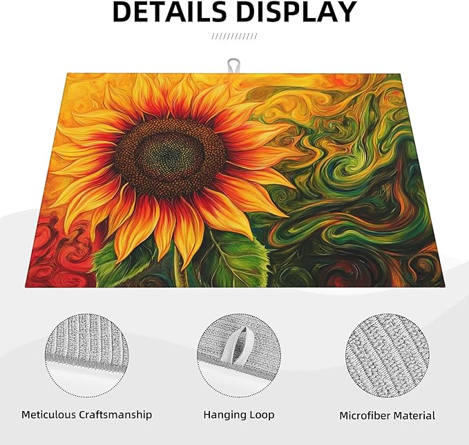 Watercolor Sunflower Dish Drying Mat for Kitchen Counter Microfiber Super Absorbent Non-Slip Dish Drying Pad for Countertops Dishes Utensils Stylish Quick-Dry Machine Washable 18x24 Inch
