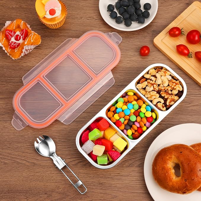 Stainless Steel Snack Containers with Lids & Spork, Reusable 3 Compartment Condiment Boxes, Divided Grab Food Storage Containers, Sauce Cups for Home, Travel (3 Compartment)