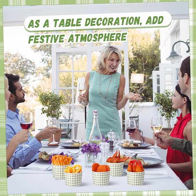 50 Pack Green Gingham Ice Cream Cups 9 oz Green and White Checkered Disposable Dessert Bowls Paper Soup Bowls Plaid Snack Cups for Hot or Cold Food for Baby Shower Wedding Birthday Supplies