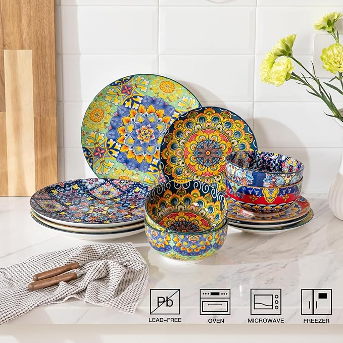 Sweejar Ceramic Dinnerware Sets for 4,12 Pieces Boho Plates and Bowls for Kitchen,Housewaring Gift,Bohemian Style Dish Set,Dishwasher and Microwave Safe(Colorful)