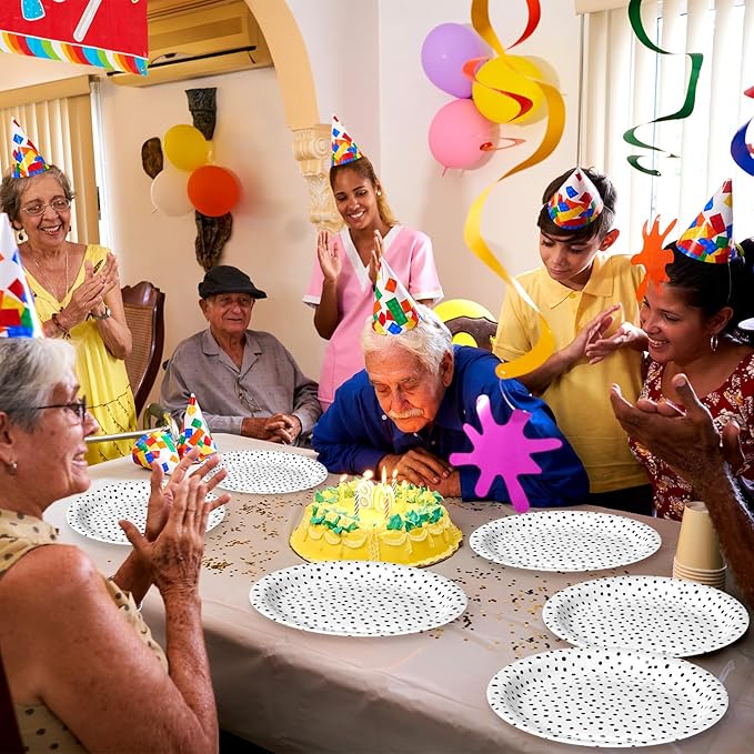 Zhehao 50 Pcs Black Painted Dots Paper Plates 9 Inch Disposable Summer Plates Party Decoration for Birthday Picnic Spring Wedding Baby Shower