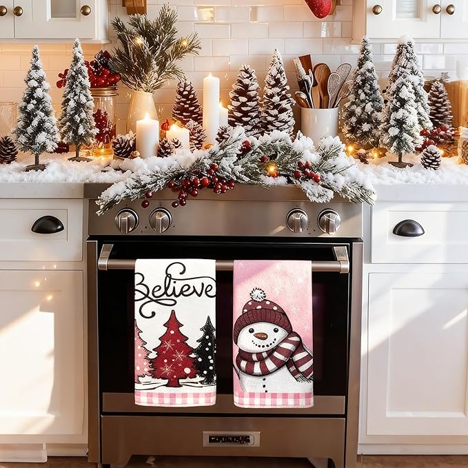 Pink Buffalo Plaid Christmas Kitchen Towels Set of 2 | 18x26 Inch Dish Towels with Snowman & Tree Holiday Decor for Winter Home & Bath