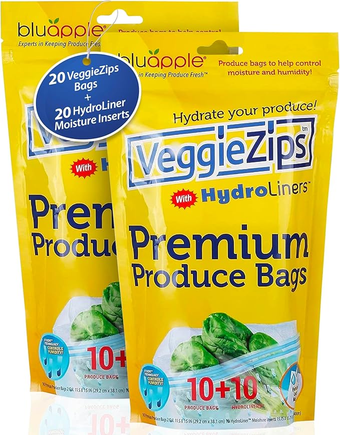 Bluapple VeggieZips Premium Produce Storage System - 40 Piece Set, 20 Food Saver Bags + 20 HydroLiners, Keep Produce Fresh Longer, Washable & Reusable Bags with Humidity Control for Fruit & Vegetables