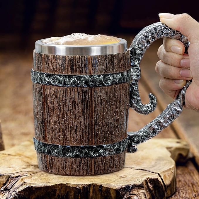 Vintage Wooden Beer Mug, Viking Barrel Design with Stainless Steel Interior Faux Oak Tankard Cup 17oz, Great Gift Idea for Men