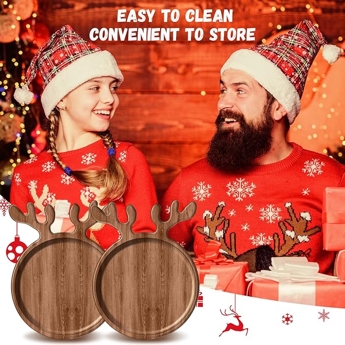 6 Pcs Christmas Appetizer Platter 12 Inch Christmas Cutting Board Acacia Serving Trays Wood Charcuterie Board Tray Snack Dessert Candy Dish Plate for Kitchen Gifts(Deer Antle)