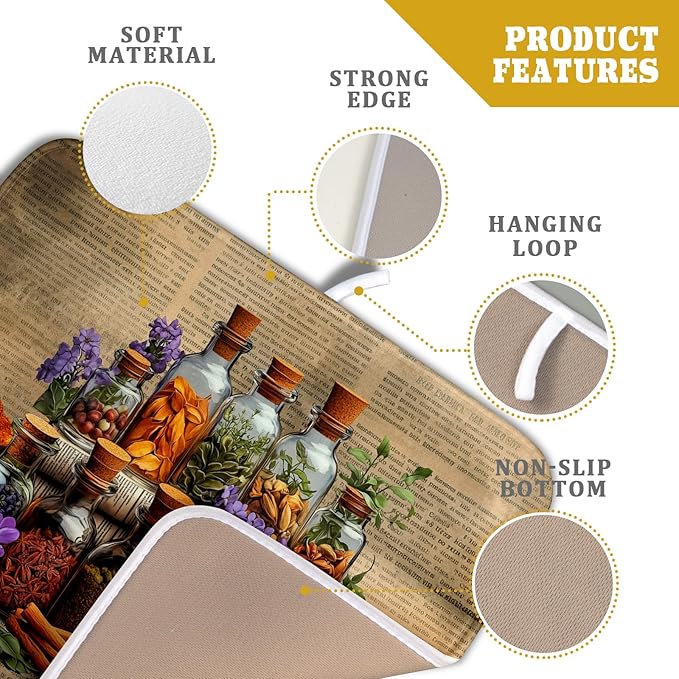 Vintage Kitchen Dish Drying Mat - Spice Bottle Decorative Dish Sink Rack Pad 16 X 18 Inch
