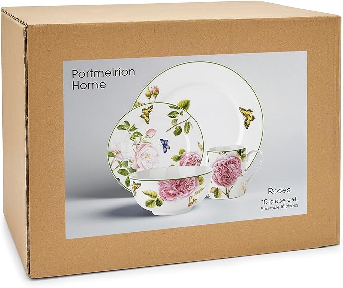 Portmeirion Home Roses 16 Piece Set - Delicate Pink Rose & Butterfly Pattern, Dishwasher Safe Porcelain Dinnerware for Garden Parties, Bridal Showers, Tea Time & Family Gatherings - 10.5" Plates