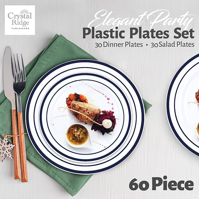 60 Pieces White Plastic Disposable Plates - Premium Heavy-Duty 30 Dinner Plates & 30 Salad Plates with Navy Rim Ideal for Party, Birthday and Special Events