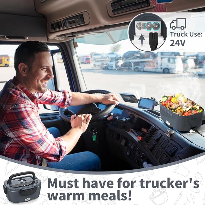 Vingud Electric Lunch Box for Adults, Heated Lunch Box with 2 Stainless Steel Container, 1.5L Portable 80W Food Warmer Lunch Box for Car/Truck/Work/Home Men, 110V/12V/24V/240V