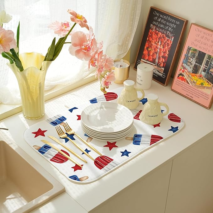 4th of July Dish Drying Mats 18x24 Inch American Red Blue Stars Decor Patriotic Decorative Drying Mats Summer Outdoor Independence Day Memorial Day Decor Coffee Bar Mat for Kitchen Dining Room