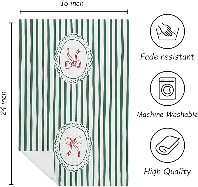Red and Green Striped Christmas Kitchen Towels Set of 3, Preppy Bow Christmas Dish Tea Towels for Kitchen, Xmas Tree Wreath Decorative Hand Towel for Bathroom, 16x24 Inch