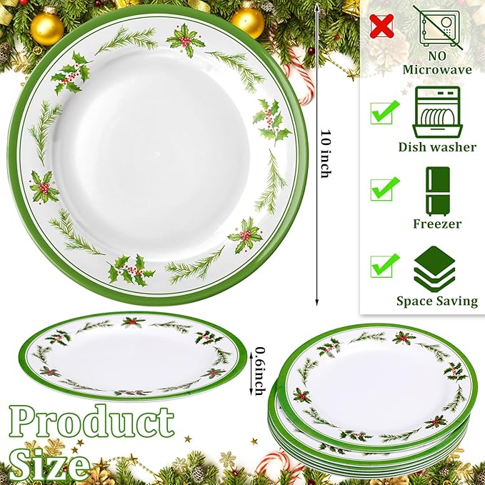 6 Pcs Christmas Dinner Plates Xmas Tree Melamine Dinnerware Green Plates Xmas Wreath Dishes Holiday Tableware for Dessert Salad Appetizer Birthday Party(Christmas Wreath,10 Inches)