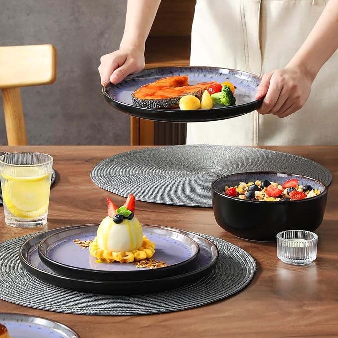 vancasso Plates and Bowls Sets, 18 Pieces Stoneware Dinnerware Sets for 6, Kitchen Dish Set Mircowave and Dishwasher Safe Dinner Set Ceramic Dishware, Light Purple, Series AMBER