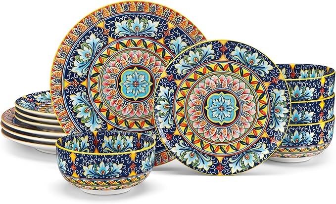 vancasso 12 Pieces Dinnerware Sets, Yellow Plates and Bowls Set, Porcelain Dishes Set for 4, Microwave and Dishwasher Safe, Scratch Resistant, Bohemian Style Dining Ware Service for 4, Series SIMI