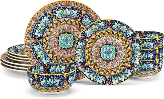 vancasso 12 Pieces Dinnerware Sets, Yellow Plates and Bowls Set, Porcelain Dishes Set for 4, Microwave and Dishwasher Safe, Scratch Resistant, Bohemian Style Dining Ware Service for 4, Series SIMI