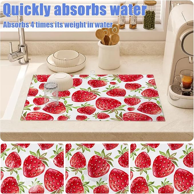 Strawberry Dish Drying Mat for Kitchen Counter Drying Pad Absorbent Reversible Dish Drainer Rack Mats Draining Pad 18"x24"Inch