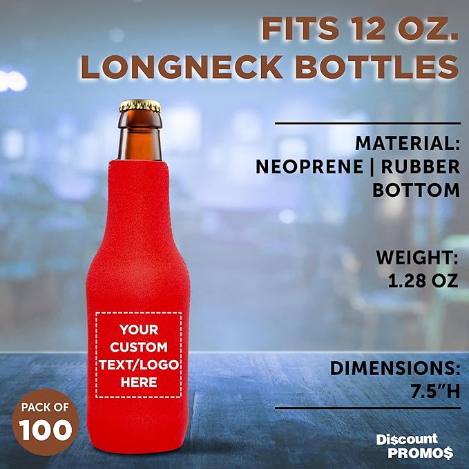 100 Neoprene Zippered Beer Bottle Coolies Pack - Customizable Text, Logo - Sharkskin Rubber Bottom - Red