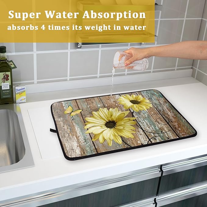 Rustic Daisy Dish Drying Mat for Kitchen Countertop 18x24 inch Yellow Sunflowers on Wooden Board Dish Drainer Mats Fast Drying Country Vintage Style Shabby Chic Flower Dish Drying Pad Decor Large