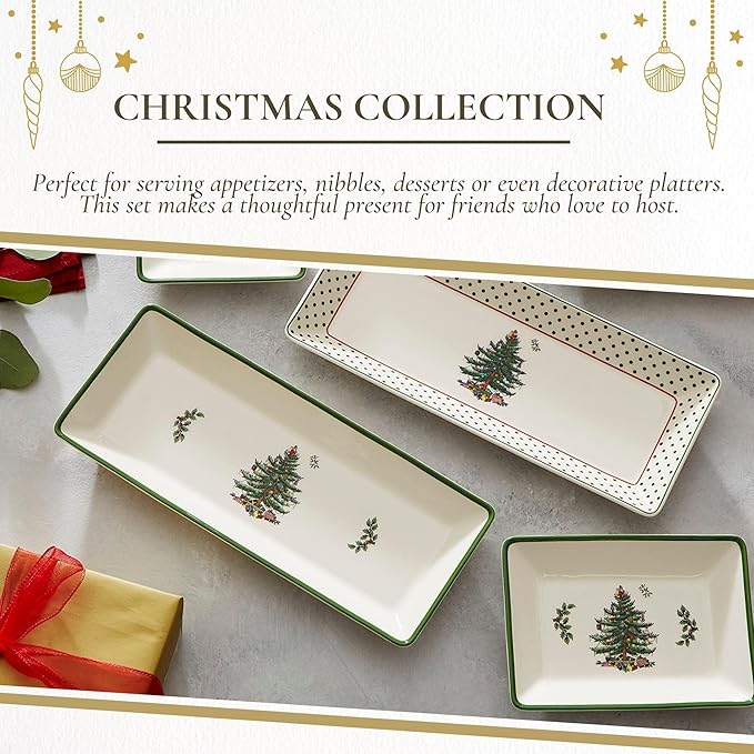 Spode Christmas Tree 3-Piece Dessert Trays, Serveware - Holiday Dinnerware & Decorative Tray, Holiday Winter Serving for All Parties & Occasions - for Snacks, Appetizers, Cookies