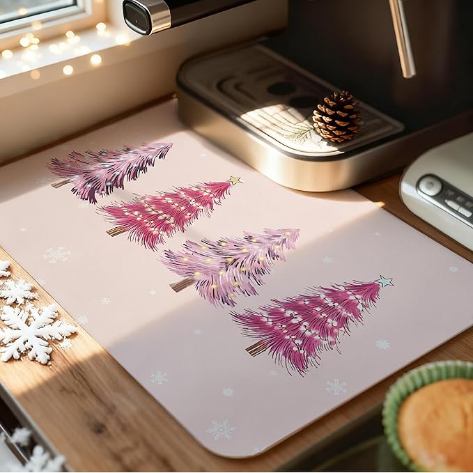 Pink Christmas Tree Dish Drying Mat, Winter Snowflake Xmas Tree Coffee Bar Mat for Countertops, Preppy Christmas Absorbent Dish Drying Mats for Kitchen Counter Coffee Maker, 16x24 Inch