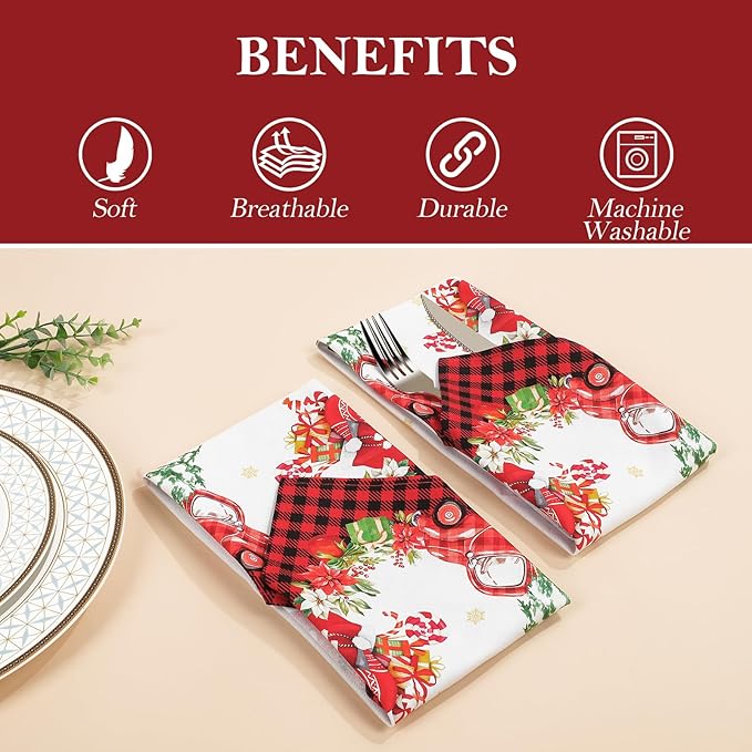 Christmas Gnomes Napkins, 18×18 Inch Christmas Tree Dinner Cloth Napkins Set of 6, Washable Cotton Soft Absorbent Square Napkins for Dining Kitchen Party Wedding Decoration