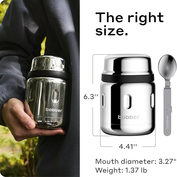 BOBBER 16 oz Insulated Stainless Steel Food Jar with Extra-Wide Mouth, Built-in Folding Spoon – Leak-Proof Thermos for Hot Food – Keeps Lunch Hot for 10 Hours, Cold for 15 Hours (Glossy)