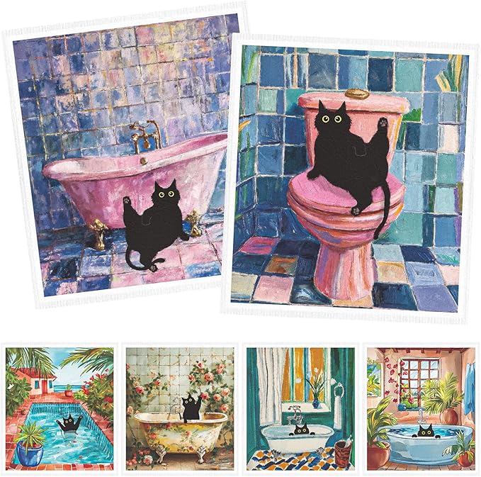 Black Cat Bathroom Swedish Dishcloths - 6PCS Oil Painting Black Cat Swedish Cloths for Washing Dishes, Cotton Kitten Reusable Dish Towels, Washable Cleaning Sponge Gifts Kitchen Home Supplies