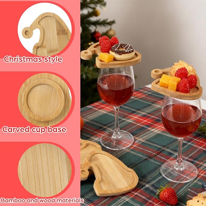 Roshtia 6 Pcs Wine Glass Charcuterie Topper, Christmas Wine Glass Charcuterie Topper, Funny Wood Appetizer Plates, Mini Santa Serving Trays for Outdoor Party Housewarming Gifts (Santa Hat)