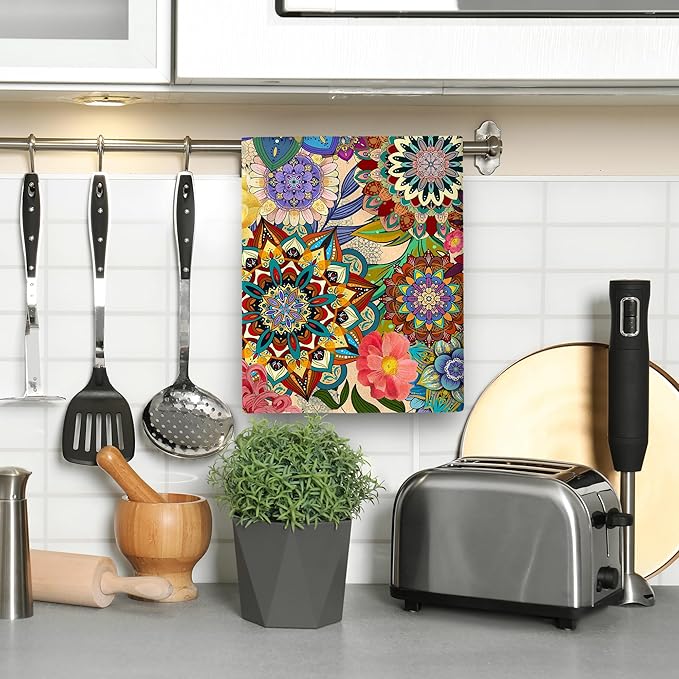 Boho Floral Kitchen Towels Set of 2, Colorful Flowers Dish Towels, Absorbent Soft Hand Tea Bar Towels for Farmhouse Home Decor