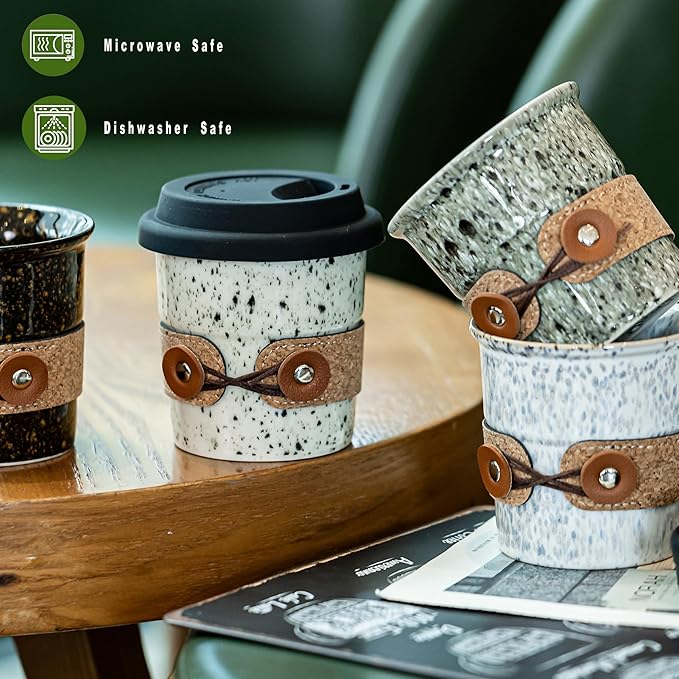 Travel Coffee Mug, Ceramic Coffee Tumbler with Lid, Porcelain Tea Mug, Reusable Camp Cups, Microwave & Dishwasher Safe, Modern Style, Gifts for Men and Women, 8.5oz