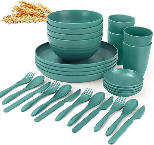 Wrova wheat straw bowls,plates,cups and cutlery sets 28 pcs - Dishwasher safe dish sets for kitchen, camping, indoors and outdoors.Green