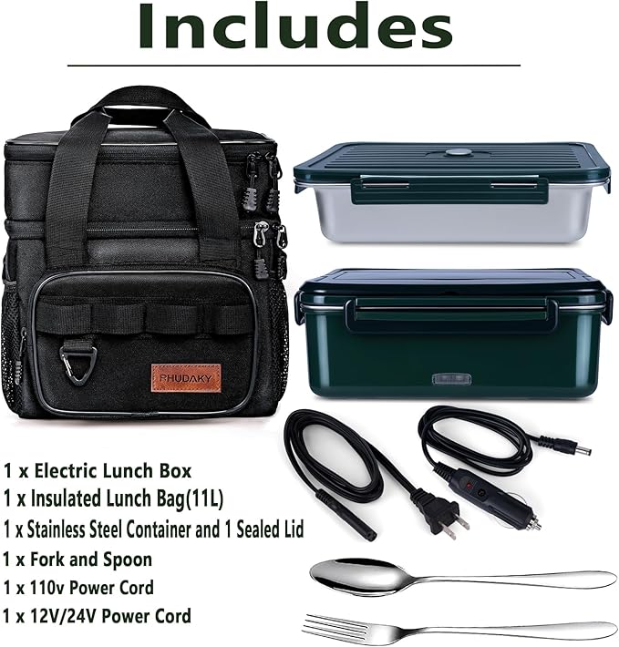 60oz Electric Lunch Box Food Heater, Heated Lunch Box for Adults Men, 12v/24v/110v Portable Food Warmer 80W Self Heating Lunchbox for Work Car Truck With Insulated Lunch Bag